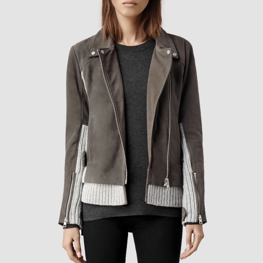 All Saints Genuine Suede Zip Moto Jacket with Knit Trim (UK 12, L-M)